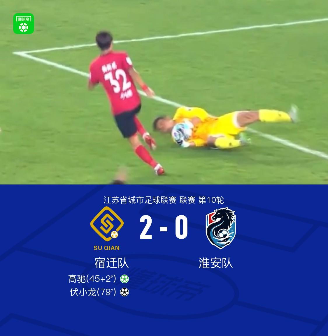宿迁队2-0淮安队，高驰点射，伏小龙建功
